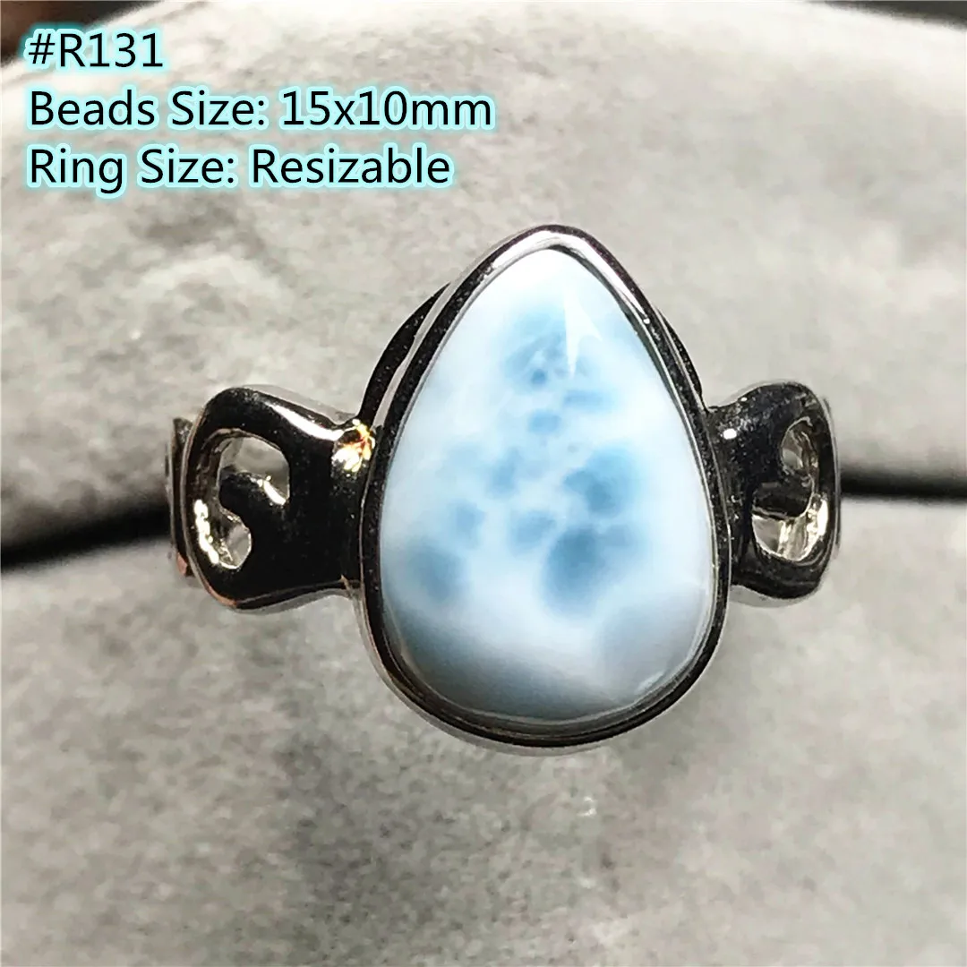 Natural Blue Larimar Ring Jewelry For Woman Man Sterling Silver Crystal 15x10mm Beads Water Pattern Stone Adjustable Ring AAAAA