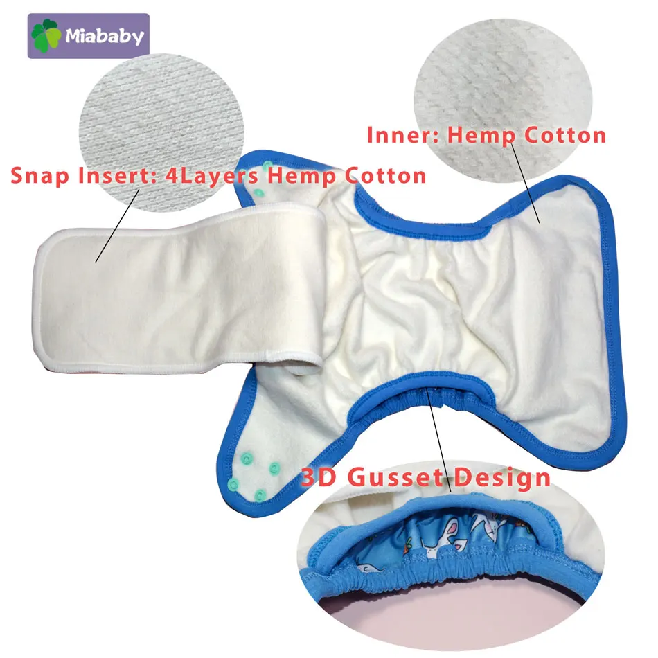 Miababy Heavy Wetter AI2 Snap Insert Hemp Cotton OS Baby Nappy 1Pcs Pack Waterproof Night Baby Cloth Diaper