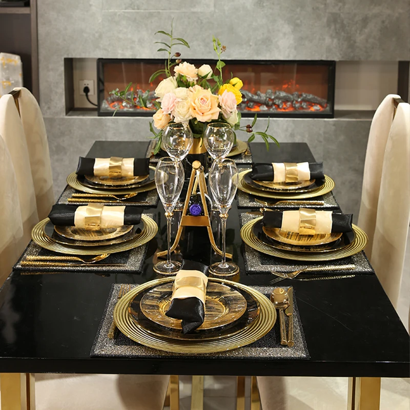 Black Golden Plates Set Home Kitchen Western Food Steak Plate Dishes Placemat Napkin Set Dining Table Decor Luxurious Tableware