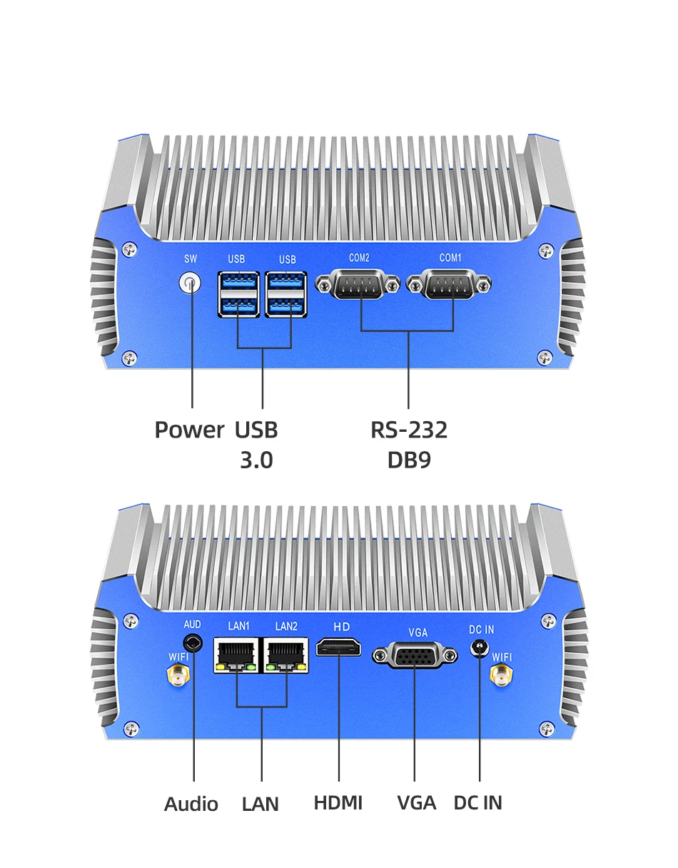 Fanless Mini PC Intel Core i3 5005U i5 5200U i7 5500U Dual Gigabit Ethernet 2*RS232 HDMI+VGA WiFi 4xUSB3.0 Windows 10 Linux