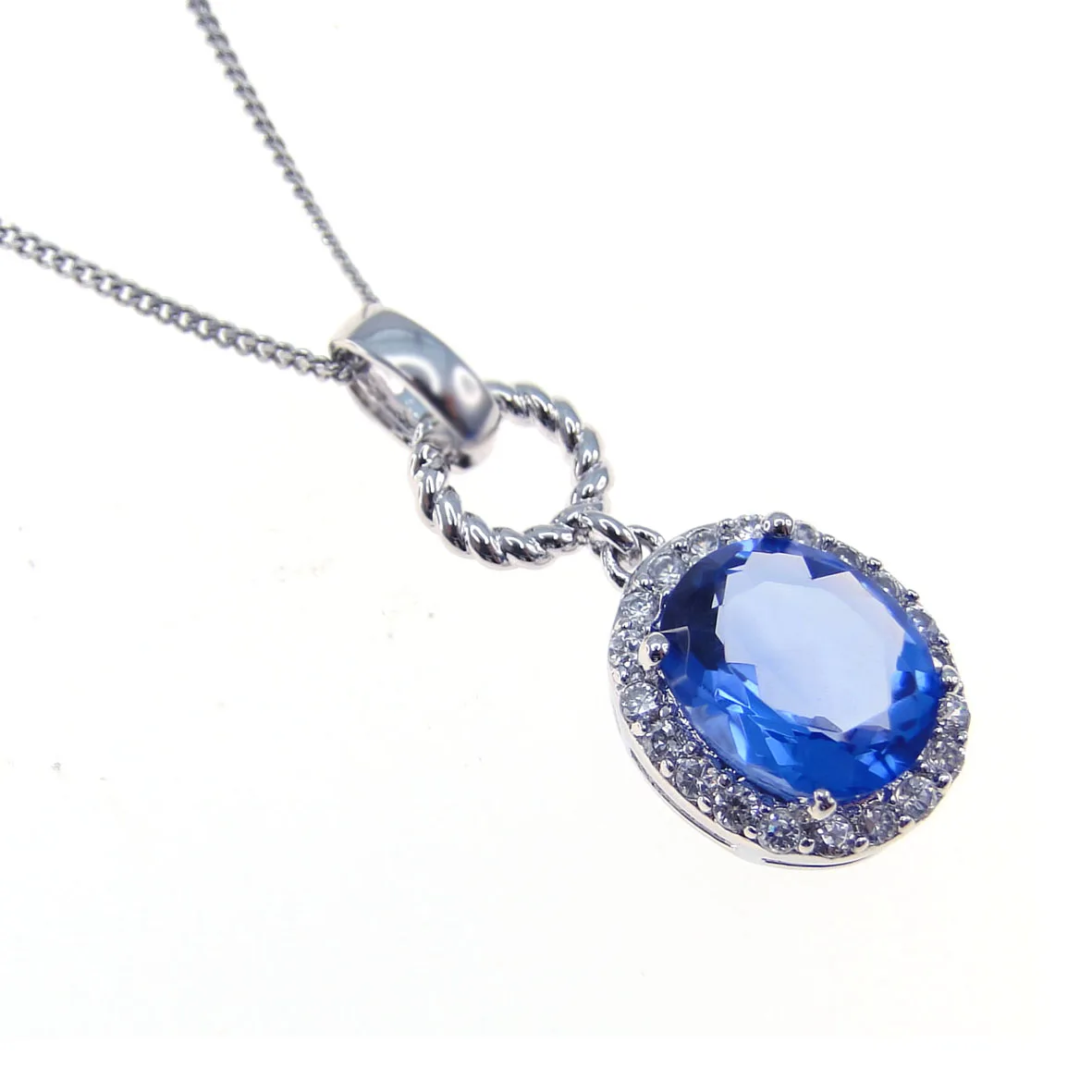 Blue Tanzanite White Topaz Brass Pendant Chain Necklace