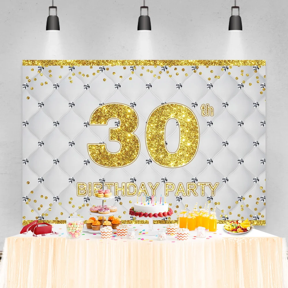 Laeacco Gold Glitters Weiß Glücklich Geburtstag Hintergrund Für Fotografie Anpassen Diamant Party Banner Vinyl Hintergrund Foto Studio
