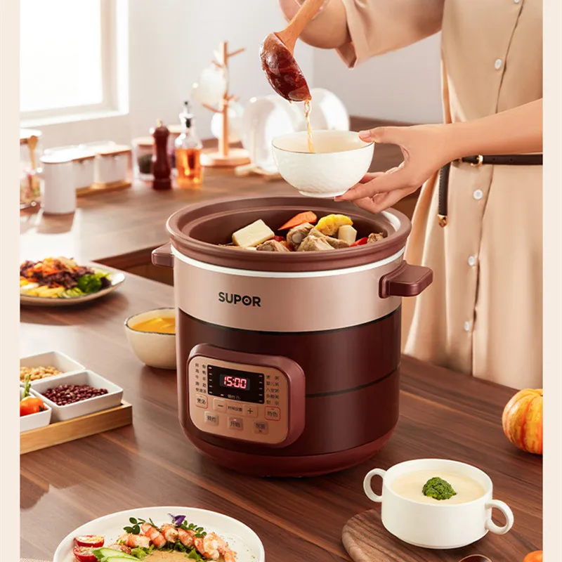 Supor 전기 스튜 냄비 자동 수프, 세라믹 보라색 점토 죽, 캐서 롤 컵, 가정용 대용량