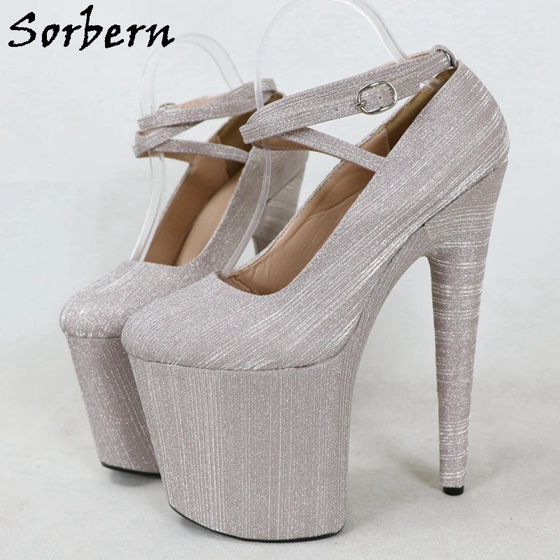 Sorbern Black Shiny Ankle Straps Unisex Pumps Extrem High Heels Thick Platform Ladies Shoes Size 43 Ultra High Platform Heels