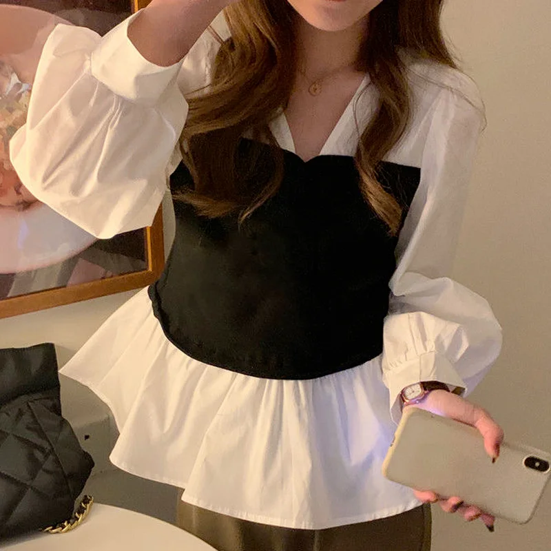 Fake Two Pieces Blouses Women Elegant All-match Spring New Leisure Design V-neck Schoolgirls Daily Korean Style Tops Ins Trendy