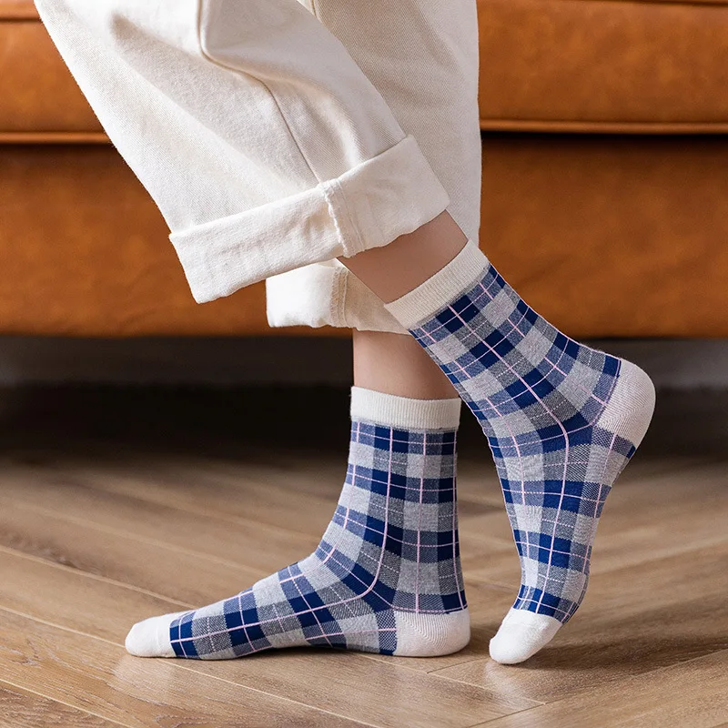 Calcetines de algodón a cuadros para mujer y niña, medias de cuadros de pata de gallo, de rejilla a rayas, medias de tubo Vintage