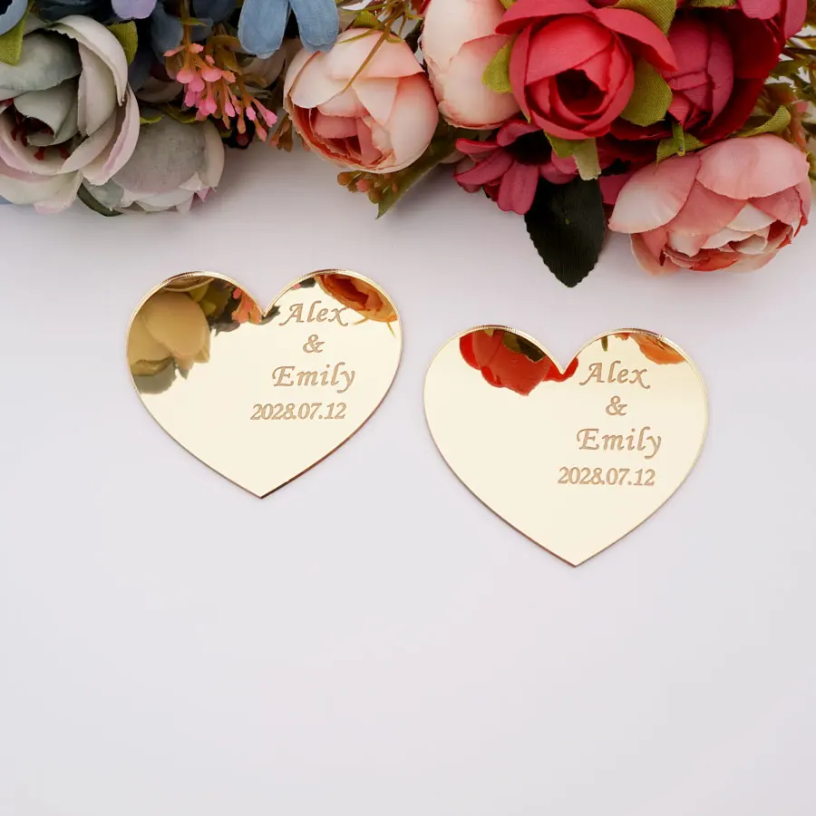 30pcs 5cm 4cm Custom Hearts Place Card Table Decoration Personalized Acrylic Mirror Tags for Engagement Party Favors Guest Gifts