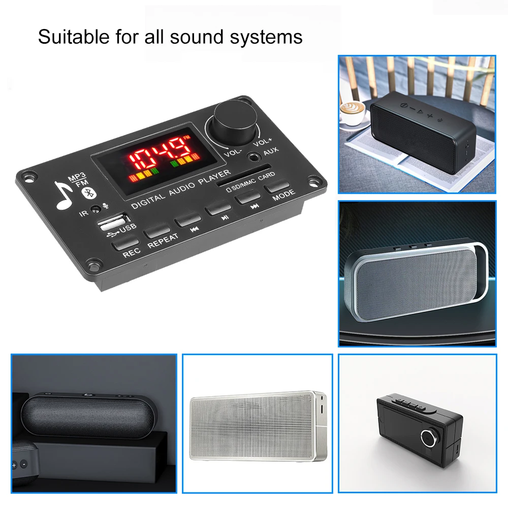 2x40W Amplifier 5V-26V MP3 Player Bluetooth 5.0 Decoder Board Car FM Radio Module Support TF USB AUX 3.5 WAV Call Recording