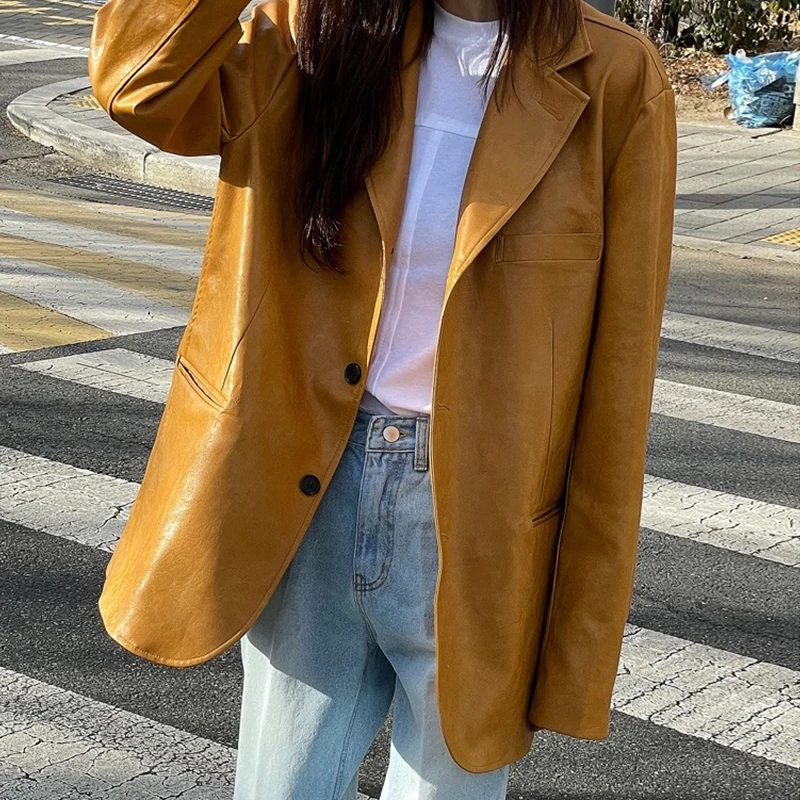 Women Short Pu Leather Coat Loose Style Yellow Color Vintage Full Women's Jacket Oversized Fashion Coat