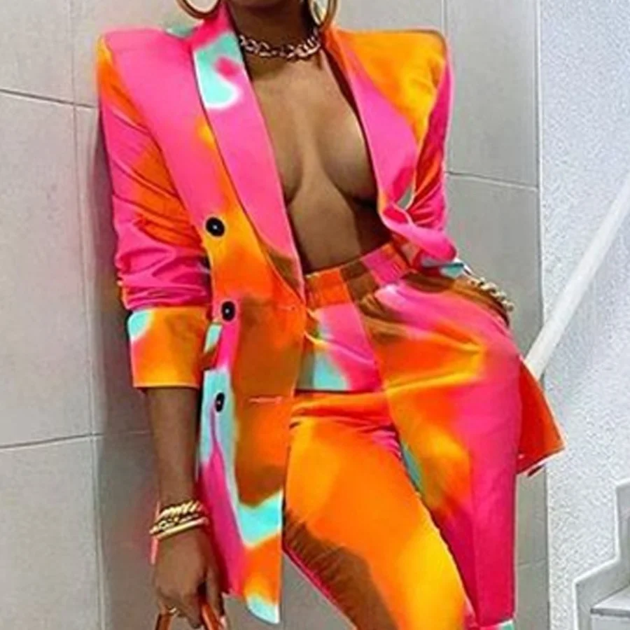 Herbst Winter 2 stück sets frauen outfits Streetwear Tie Dye Druck Frauen Langarm Blazer Hosen Anzug Büro Dame Zwei stück