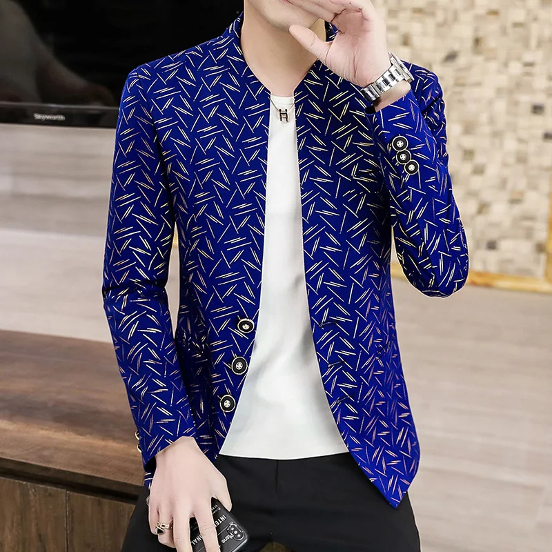 

HOO 2023 Men's New Stand Collar Printed blazerYouth Autumn Casual Fashion Personalized blazer