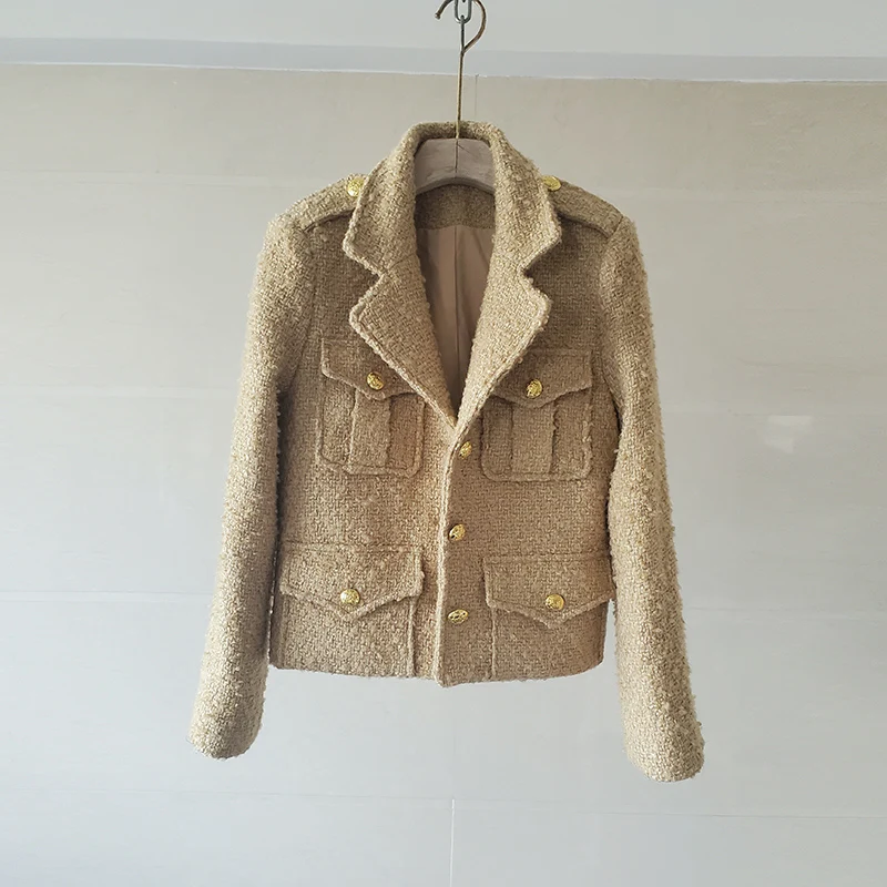 High Quality Mohair Wool Blends Khaki Color Short Design Tweed Jacket Women Turn Down Collar Pockets Gold Buttons Vintage Coat