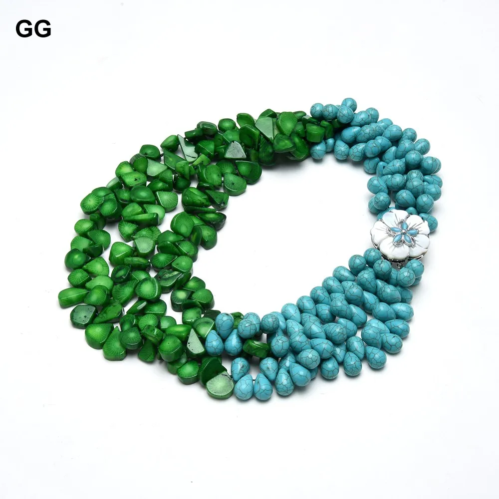 GuaiGuai Jewelry 3 Rows Green Coral Blue Teardrop Turquoise Real Gems Necklace Shell Flower Clasp Handmade For Women