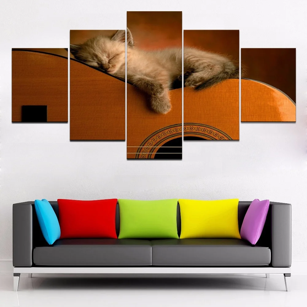 

5 Piece HD Print Animal Paintings Wall Art Artwork Cute Guitar Kitten Home Decor Modern Wall Decor Canvas Painting Canvas Room