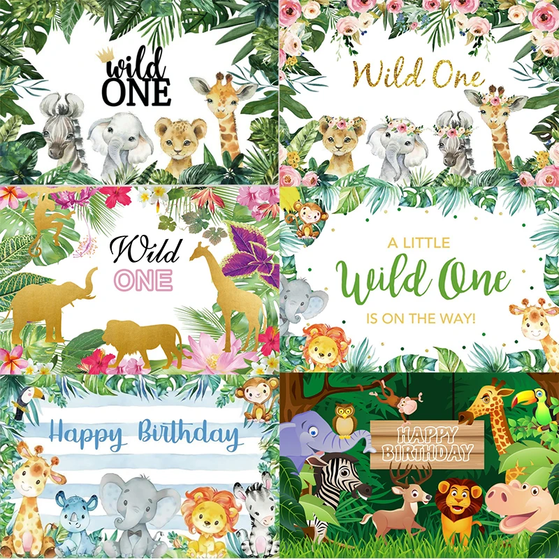 

Animal Jungle Safari Wild One Photo Backdrop Happy Birthday Party Baby Shower Photography Background Booth Prop Decor Banner