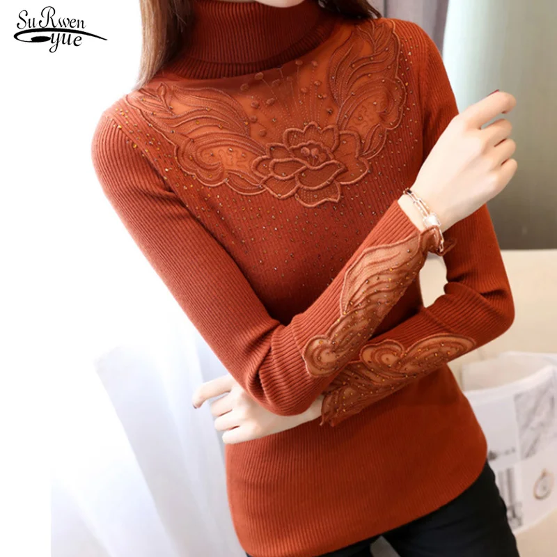 

2023 fall/winter lace bottoming shirt women's long-sleeved high-necked women's sweater slim-fit all-match short inner top 16003