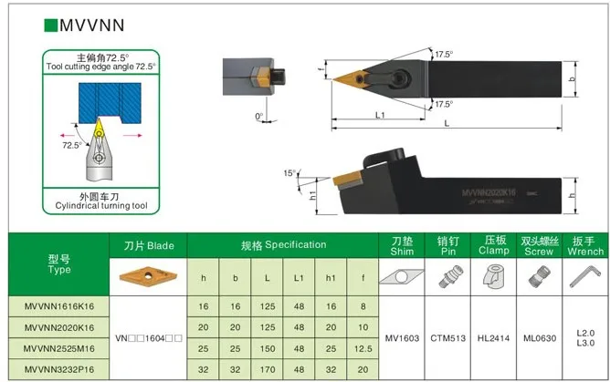 CNC 72,5 °   Portaherramientas de torneado externo MVVNN1616K16 MVVNN2020K16 MVVNN2525M16 instalar insertos de carburo VNMG herramientas de corte de torno