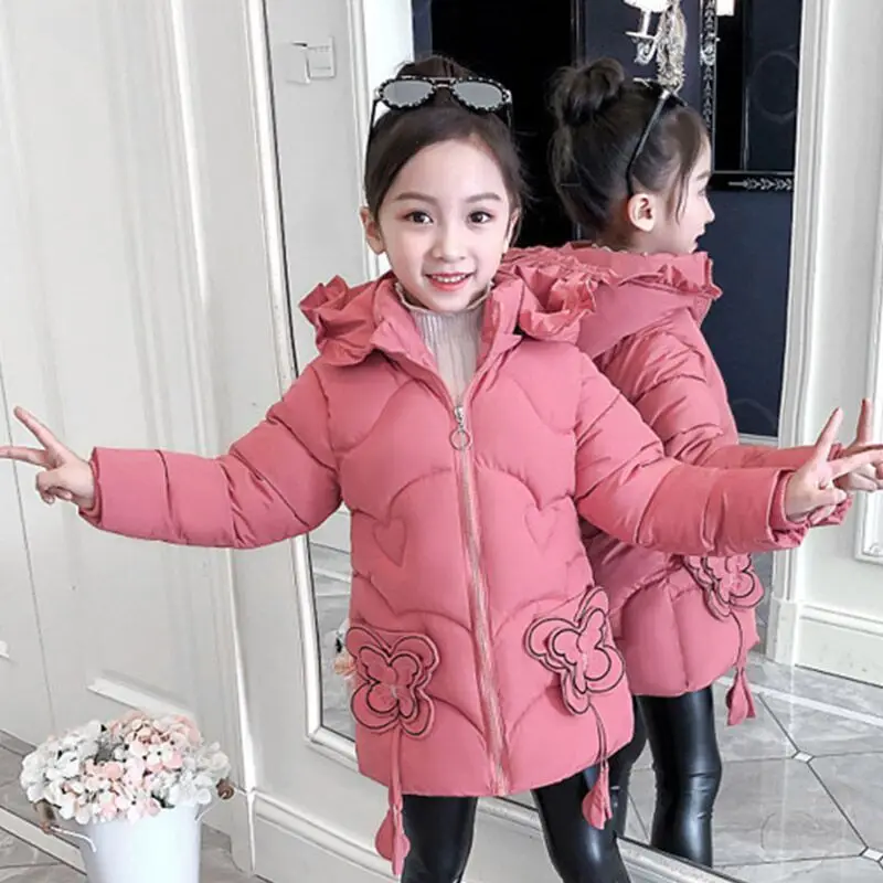 Thick Keep Warm Winter Jacket For Girls Butterfly Hooded Kids Outerwear Teenager Long Windbreaker Coat 4-12 Years old