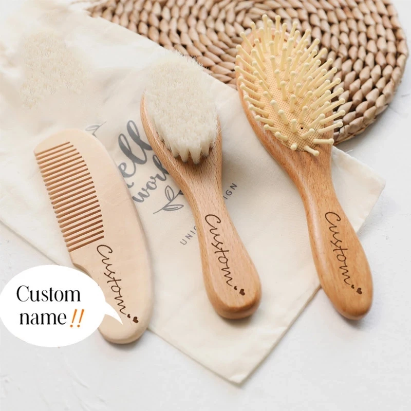 

2ps/3pcs Custom Name Newborn Natural Wooden Wool Hair Brush Comb Set Soft Goat Hair Eco-Friendly Safe Baby Brush Massager Gifts