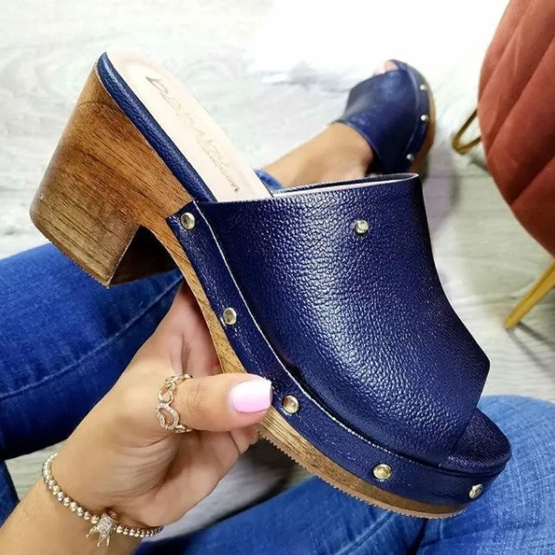 Shoes Woman 2023 Female Slippers Square heel Platform Low On A Wedge New Block Slides PU Fabric Rubber Hoof Heels Rome Low Shoes