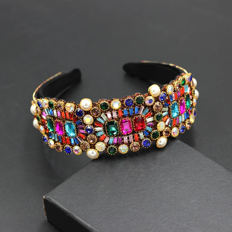 New baroque fashion temperament wide-sided luxury color rhinestone geometric headband ladies catwalk street hair accessories 781