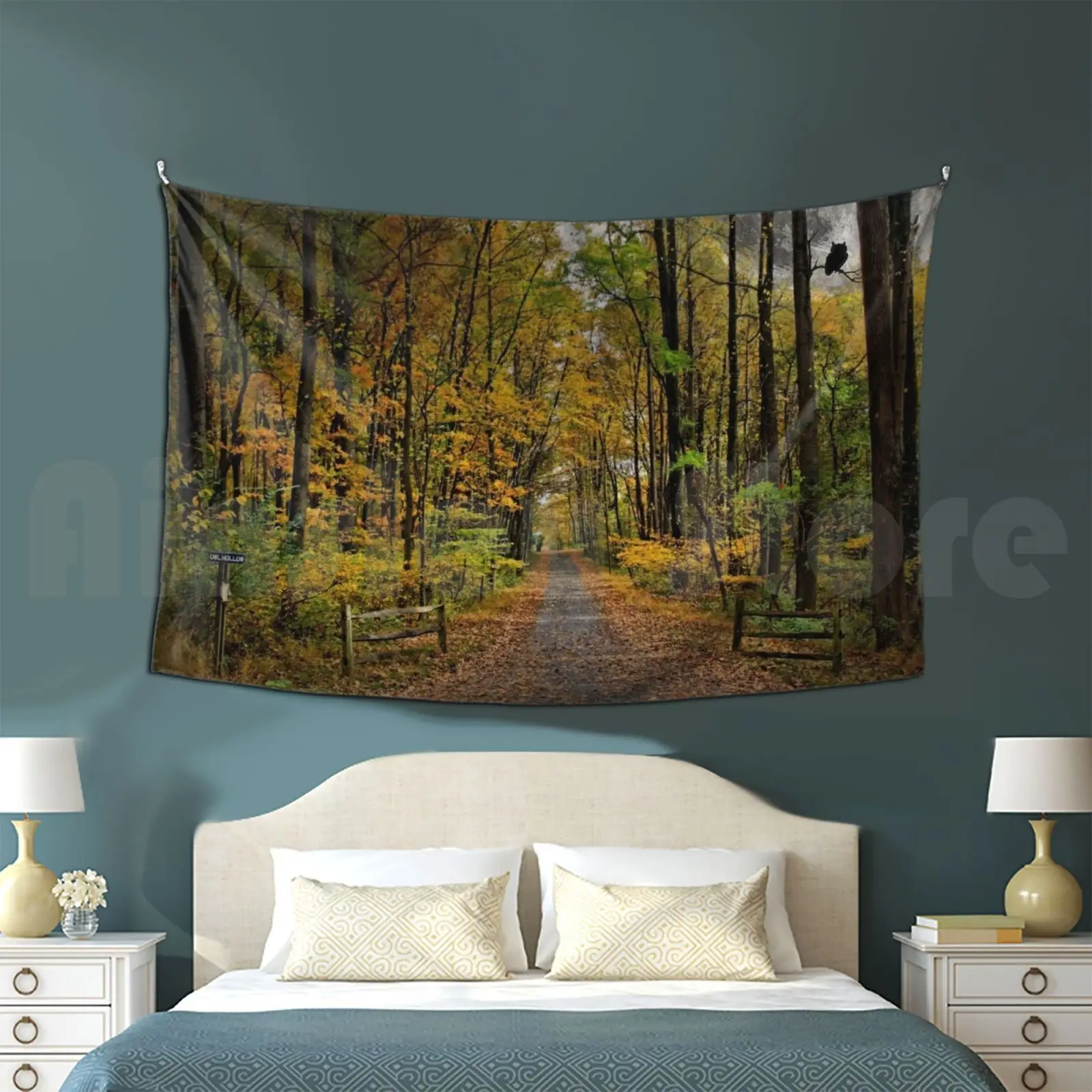 Owl Hollow Tapestry Living Room Bedroom 2668 Fall Autumn Foliage Trees Color Owl Silhouette Road Lehigh Valley