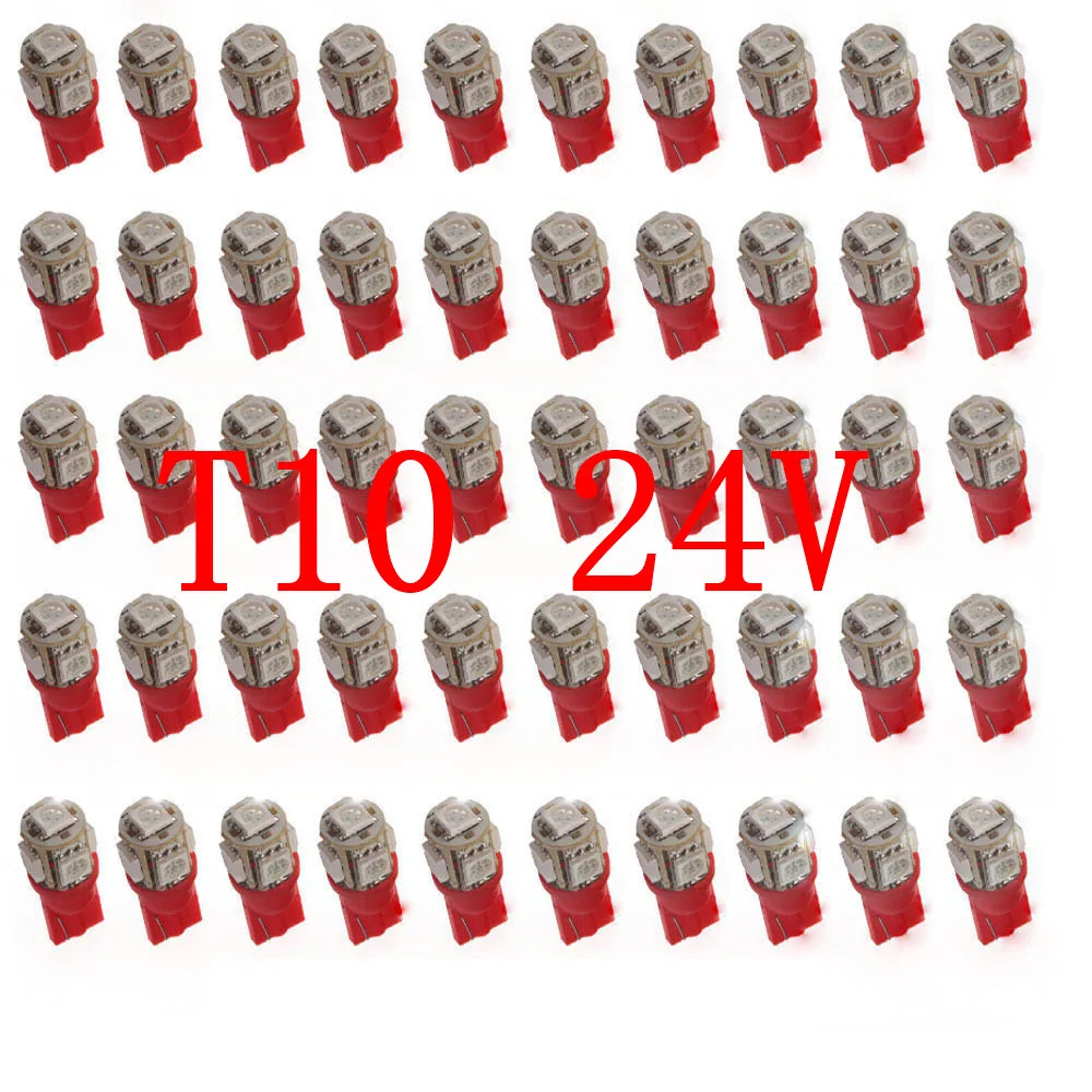 

50 шт. красный T10 W5W 5050 5SMD 168 194 192 DC 24V номерные знаки для мотоциклов светодиодные лампы для автомобиля Подсветка салона лампа для чтения ствол свет лампы