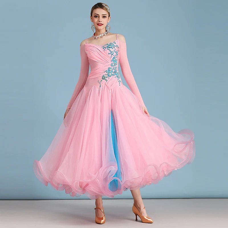 Standard Ballroom Dance Dresses High Quality Pink Long Sleeve Flamenco Dancing Skirt Women Cheap Stage Waltz Ballroom Dress