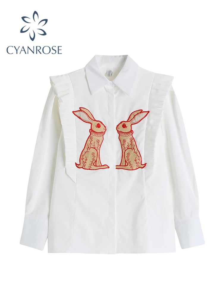 

Women Vintage Rabbit Printed Shirt Single Breasted Streetwear Sweet Chic Fashion Oversized Loose Female All-match Blouses Tops