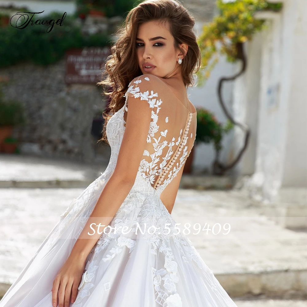 Traugel Vestidos de Novia Mütze Ärmel Spitze Vintage Brautkleider sexy Illusion Applikation Blumen Kapelle Zug eine Linie Brautkleid