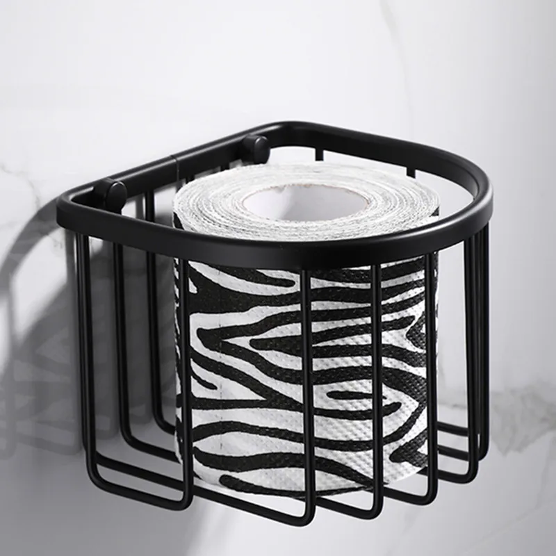 Black Bathroom Shelf Space Aluminum Toilet Wash Counter Storage Rack Nail/Glue Wall Hanging Drain Basket Paper Towel Holder