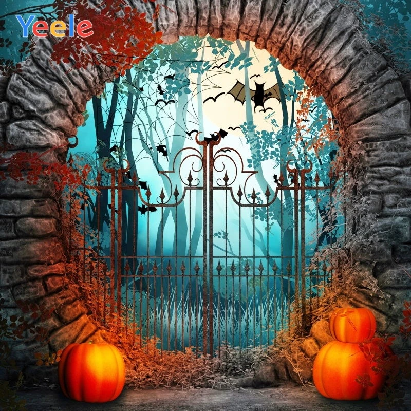 

Yeele Halloween Backdrop Round Door Bat Pumpkin Lantern Stone Wall Forest Photography Background For Photo Studio Photophone