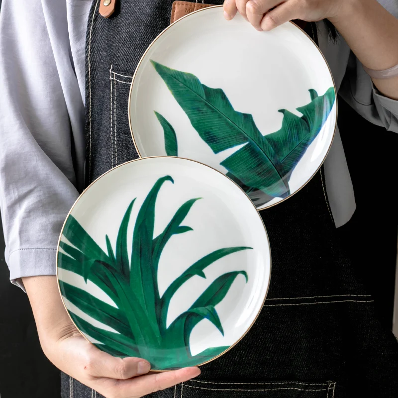 Green Leaf Design Dinner Plate European Style Ceramic Dishes Dinnerware Pasta Plate Fine Bone China Dish 8 Inch Dessert Plate