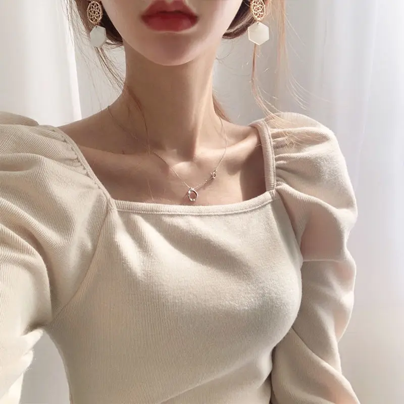 Woherb 2024 Women Fashion Puff Sleeve Basic Knitting Sweater Autumn Solid Casual Slim-fit Knitted Pullover Korean Vintage Jumper