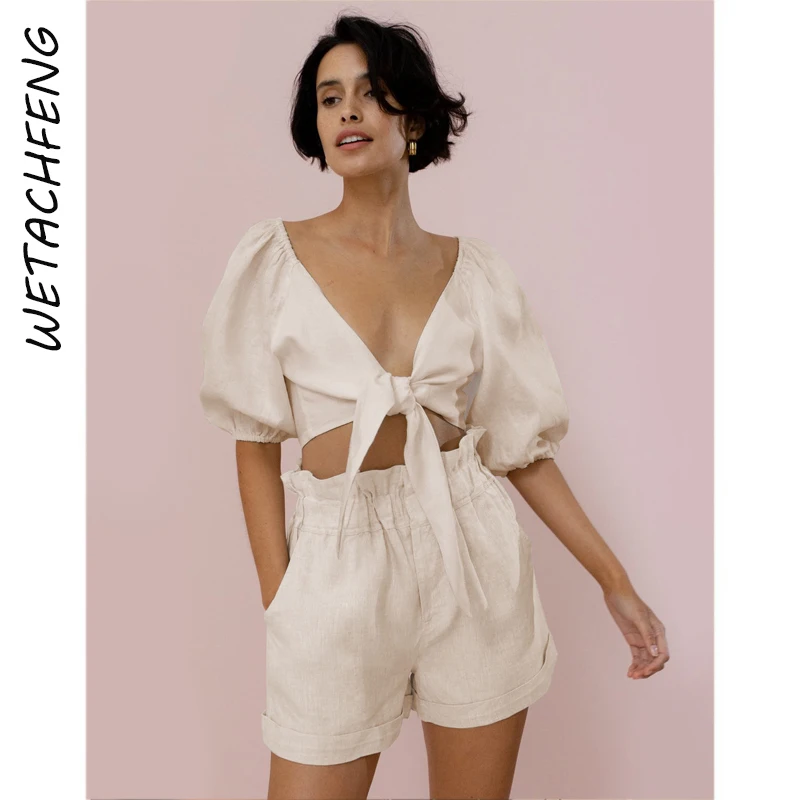 

Two Piece Sets Women 2022 Sexy Puff Sleeve High Waist Cardigan Tops And Shorts Suits Slim Solid Cotton Fashion Tracksuit Clothes