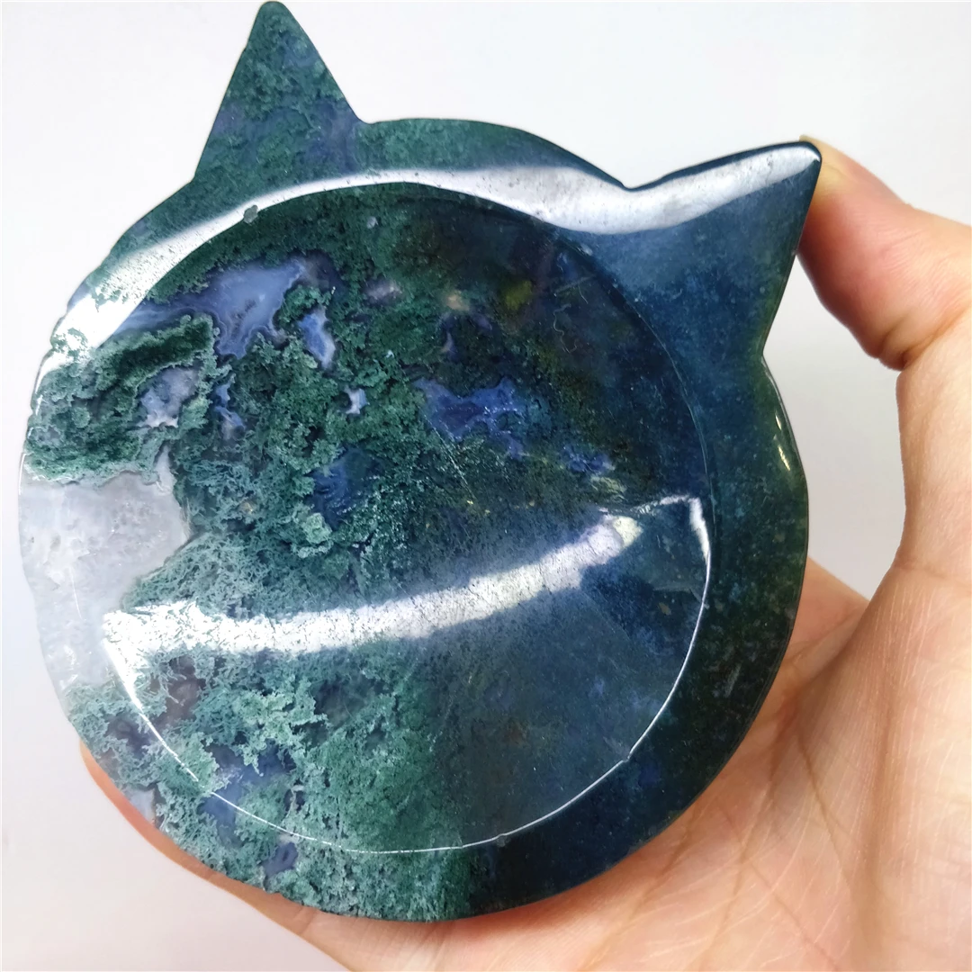 

Natural Moss Agate Quartz Crystal Healing Stones Minerals Carved Cat Shaped Bowl Figurines Ornament Crafts Home Decoration Items