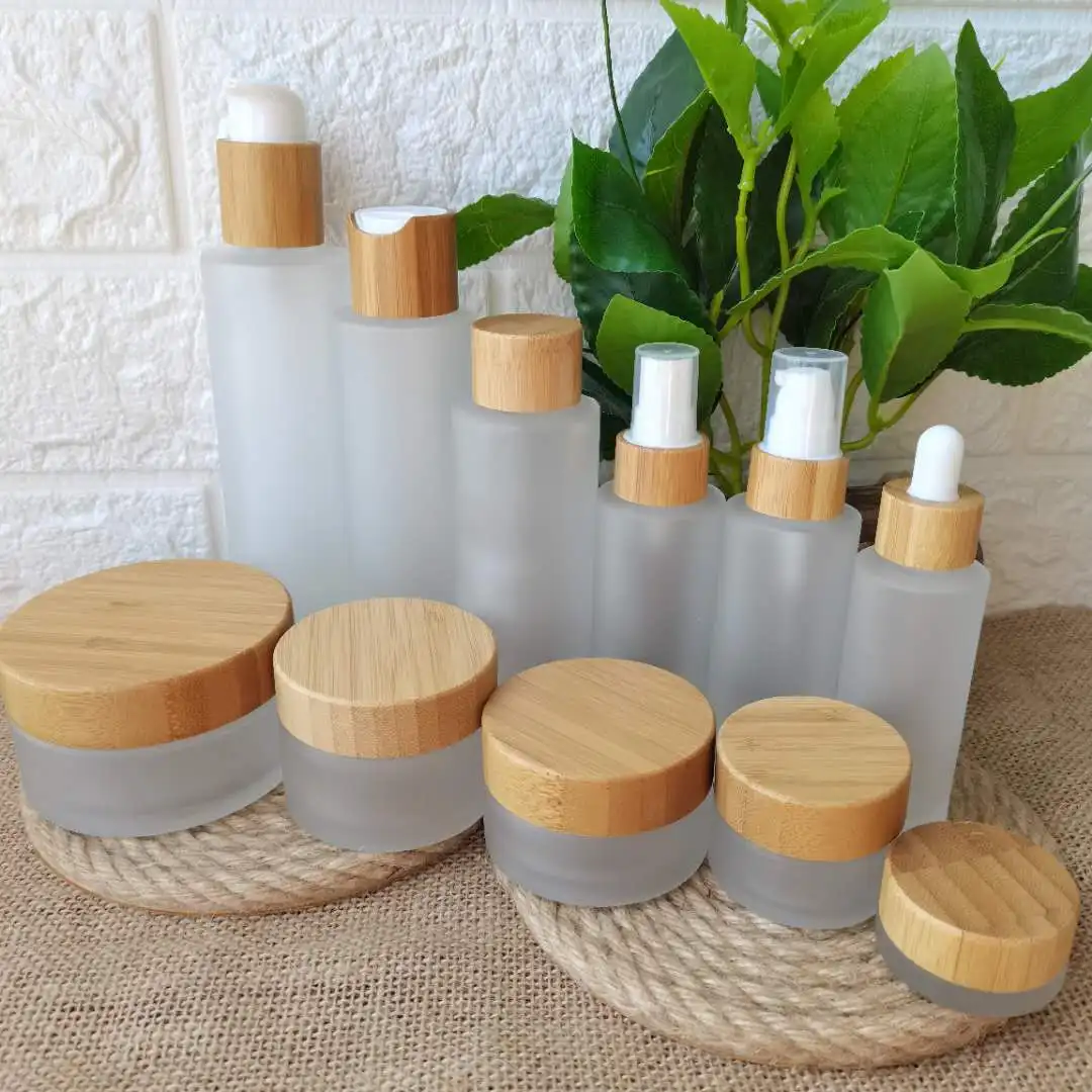 

88PCS Samples Travel Size Frosted Glass Spray Perfume Bottles With Nature Bamboo Lid Cosmetic Serum Packaging Dropper Containers