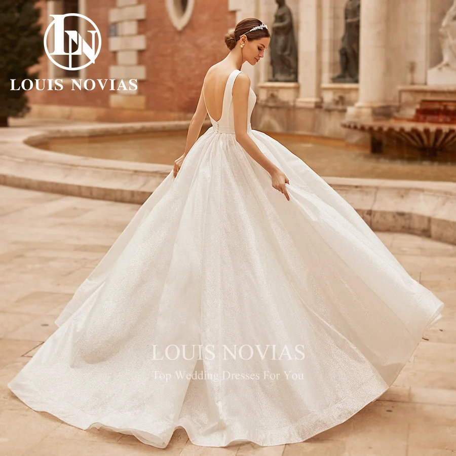 LOUIS NOVIAS A-Line Wedding Dress For Women 2024 V-Neck Sleeveless Sparkling Tulle Backless Sexy Wedding Gown Vestidos De Novia