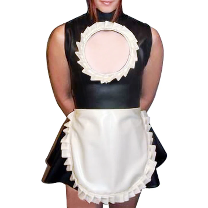 Sexy French Maid Latex Dress Apron Zippers Back Frills Open Front Sleeveless Rubber Uniform Bodycon Playsuit LYQ-0263