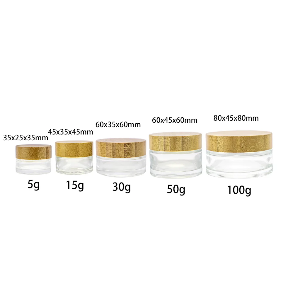 6Pcs 5ml 15ml 30ml 50ml 100ml Clear Glass Hand Cream Bottles Bamboo Cap Cosmetics Gifts Skin Care Products