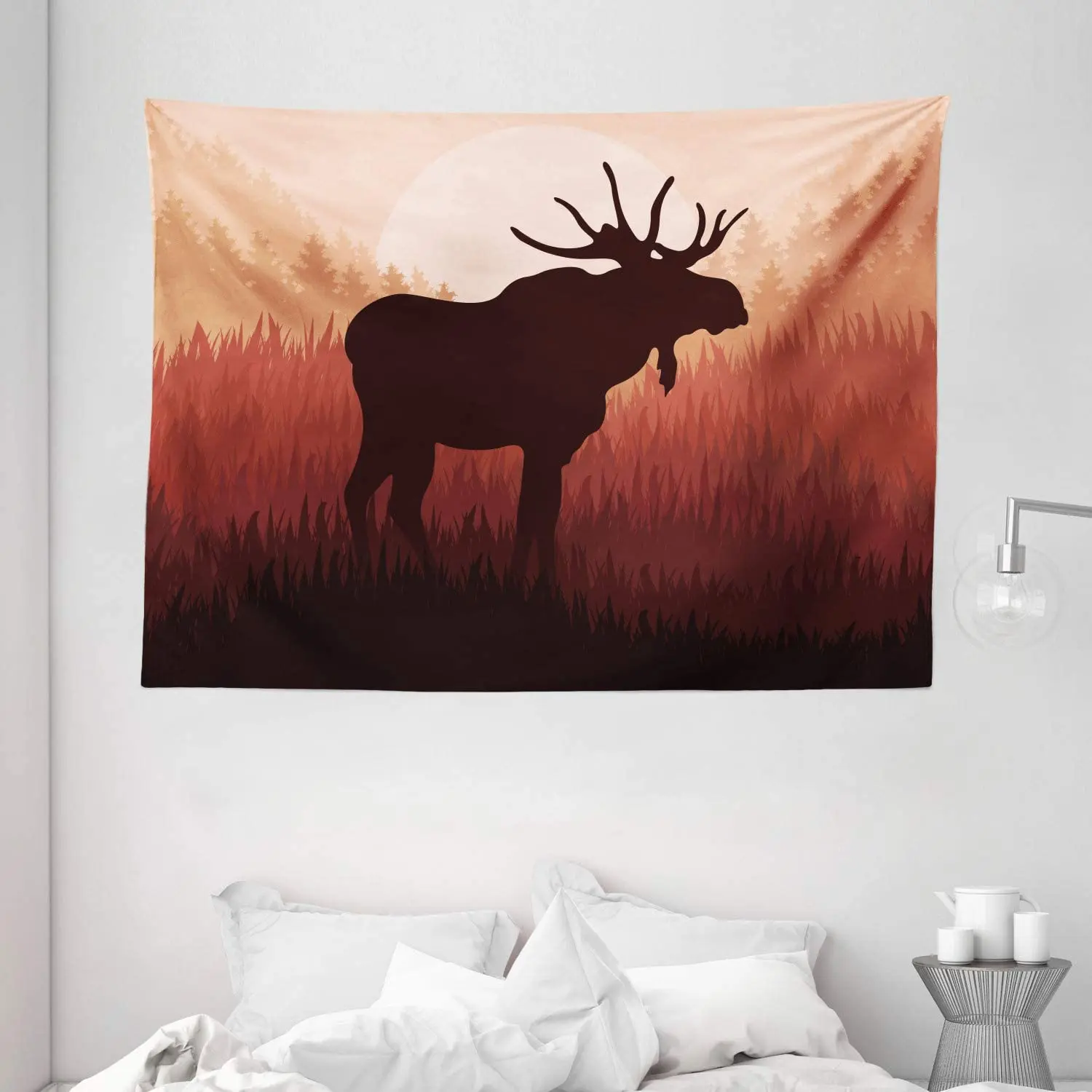 Moose Tapestry Antlers In Wild Alaska Forest Rusty Abstract Landscape Deer Theme Woods Wall Hanging For Bedroom Living Room Dorm