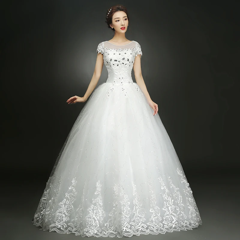 AnXin SH Princess flower white lace vintage illusion beading crystal white o neck short sleeve lace up customized wedding dress