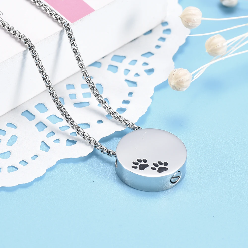 Two Paw Print Inaly Round Urn Pendant Memorial Necklace for Pet Stainless Steel Ashes Keepsake Cremation Jewelry -Free Engraving