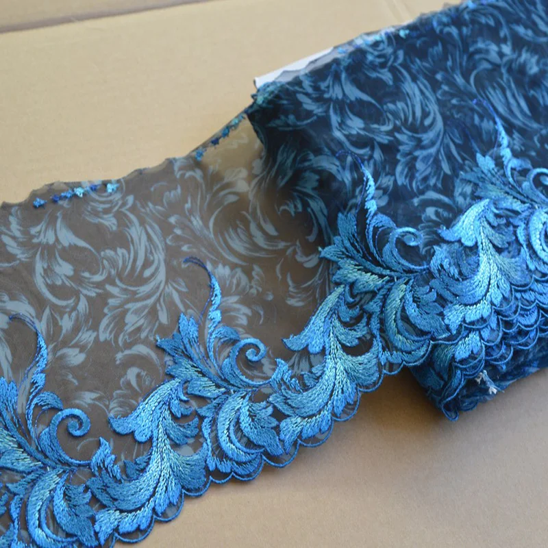 2-15Yds/Lot 18cm Wide Transparent Black Gazue Fluorescent Blue Wavy Style Embroidery High Quality Lace Trim For Garments,Wedding