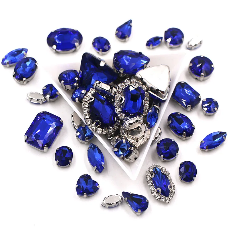 50pcs/Bag Royal Blue Mixed Shape Sew on Glass Rhinestone Silver Claw Crystal Buckle Diy Wedding Decoration Clothes/Shoe/Dress