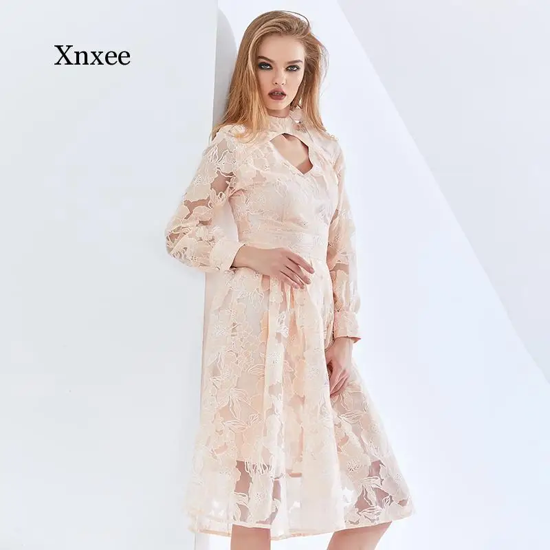 Vintage Patchwork Lace Floral Mesh Dress for Women Long Sleeve High Waist a Line Oversized Dresses Female 2021 New Clothing