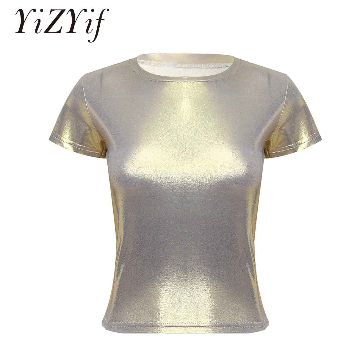 Women Metallic T-shirt Casual Shiny Tees Short Sleeve O Neck Glossy Harajuku Top Tee for Dance Party Rave Festival Clubwear