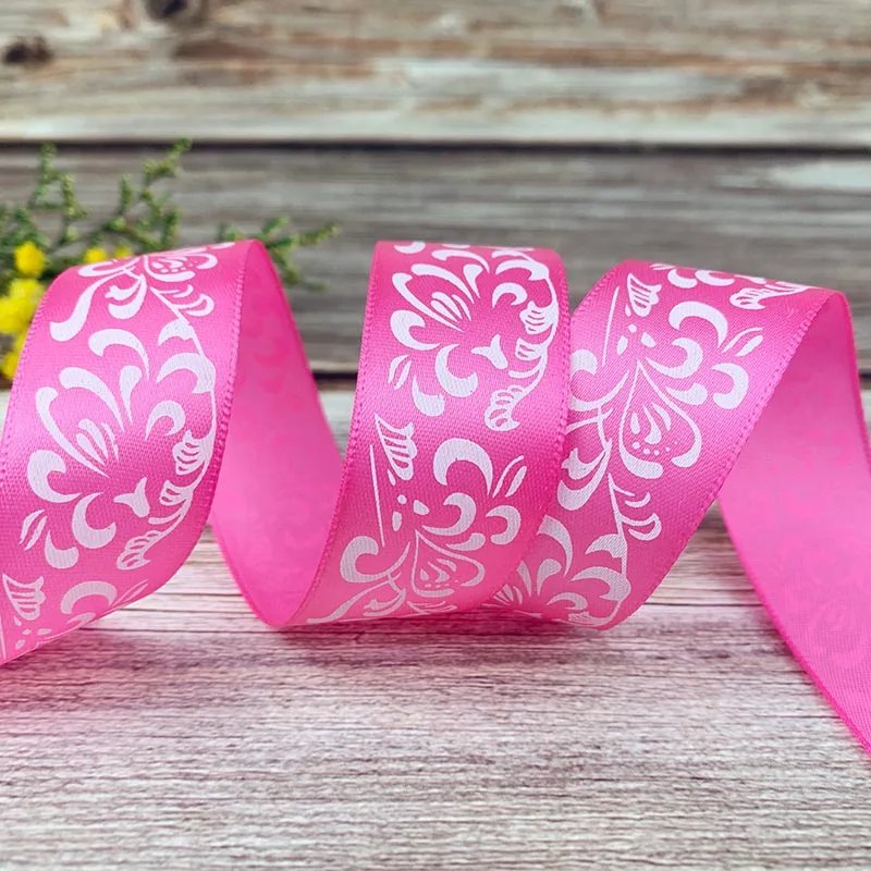 5 Yards 25mm Flower Printed Satin Ribbon For DIY Hair Bow Christmas Party Wedding Decoration Gift Packing Ribbons For Crafts