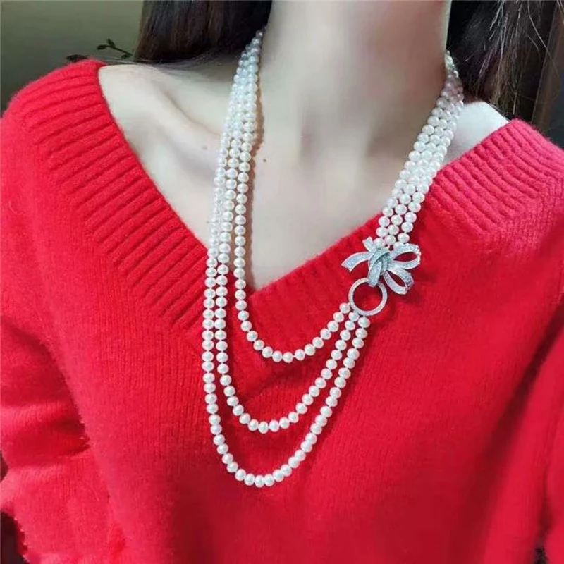 

Geometric circle bow knot zircon buckle three-layer pearl necklace for women long pearl necklace for party gifts