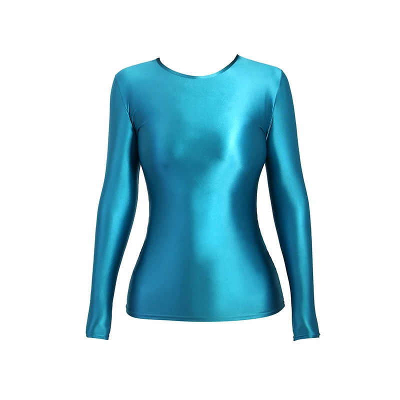 Women's Shiny Glossy Silk Base Long Sleeve Shirt Casual T-shirt Top Sexy Tights Surf Swimwear Summer Swimsuit